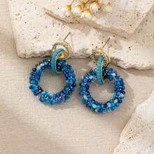 1 Pair Handmade Seed Bead, Rhinestone & Crystal Hoop Earrings, Unique Floral Pattern & Color Variations - Red Violet - View 10