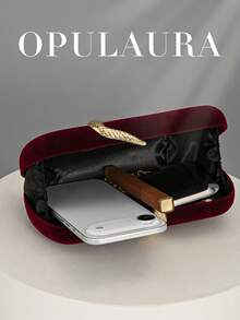 OpulAura Women's Retro Fashion Velvet Clutch Bag, Snake Clasp Design, European & American Style, Snake Skin Minimalist Box Clutch Purse Suitable For Wedding, Gala, Formal Events, Party, Handbag, Shoulder Bag, High-Quality Chain Strap - Burgundy - View 3
