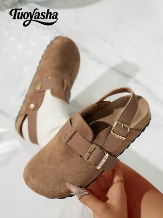 纯色设计，可调节松紧带，金属扣装饰，新款时尚拖鞋，厚实舒适软木鞋底，坡跟一脚蹬凉鞋，百搭拖鞋，适合户外、通勤、休闲、日常穿着