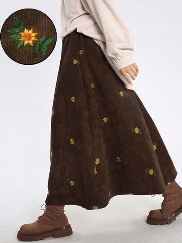 Autumn/Winter Retro Brown Corduroy Embroidered Skirt, Knee-Length Embroidered Skirt For Fall, School Clothes Skirt, Vintage Old Money Skirt, Halloween & Christmas Skirt