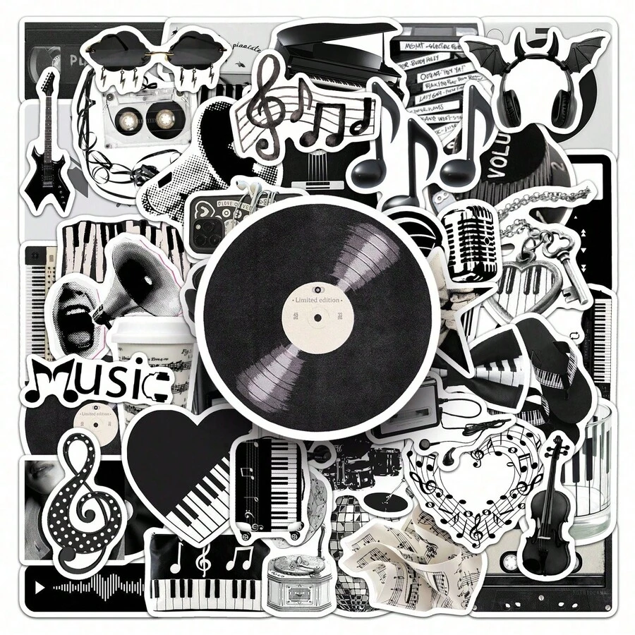 50pcs Music Themed Stickers, Black & White Creative Note Decor For DIY Scrapbook, Phone Case - Multicolor - View 1