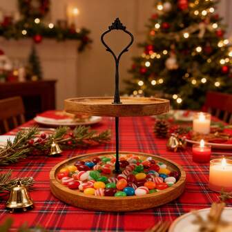 Sweet Gift, Double-Deck Tray Opens Up A Delicious Holiday Feast, Double-Layer Wooden Candy Dish, Adds To The Holiday Atmosphere. Adopting A Double-Layer Design, The Upper And Lower Wooden Trays Can Be Used To Categorize And Display Various Candies, Snacks Or Desserts, Meeting Diverse Storage And Display Needs, Adding A Warm And Sweet Holiday Atmosphere To Gatherings And Other Occasions, A Great Helper For Storage And Decoration.