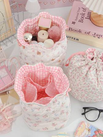1Pc Floral Pattern Quilting Drawstring Bag With 4 Compartment Cosmetic Bag ,Large Capacity Girls Makeup Bag , Make Up Bag For Travel ,Home, Daily Use, Women Makeup Organizer Make Up Storage Bag Mini Pouch Travel Small Makeup Case Accessories Make Up Holder Brush Bag Make Up Container Cosmetic Bag