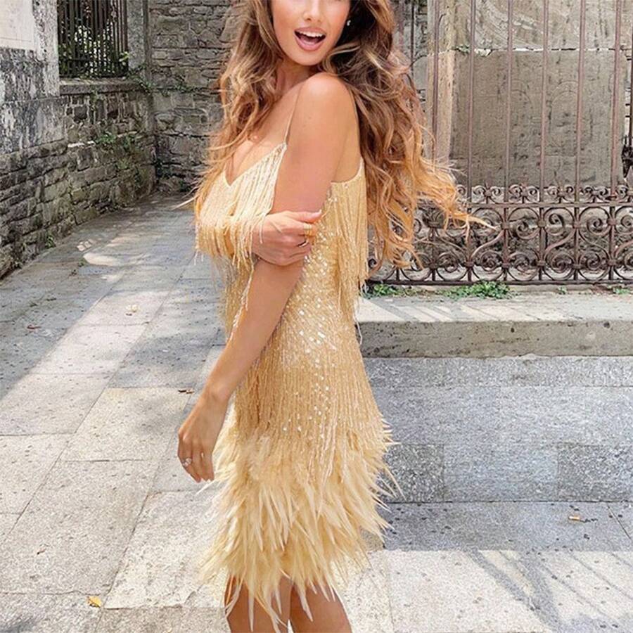 Summer New Fashion Tassel Sequin Feather Patchwork Dress Colorful Dress Direct  For Women - 金色 - 查看 1