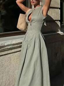 MUJER Zipper Long Dress Woman Pleated Sleeveless Bodycon Dress Summer Elegant Party Dresses For Women New Midi Dresses - 米色 - 查看 6