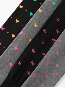4 Pairs Girls' Heart & Bow Print Tight Leggings, High Density Knit, All Season - Multicolor - View 3