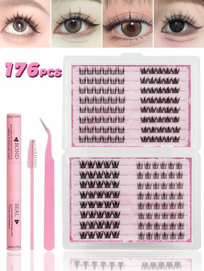 176片超大容量混合假睫毛套装，含假睫毛胶水、封口睫毛镊子、睫毛刷，蓬松C型卷翘自然浓密柔软轻盈假睫毛，满足各种场合需求。