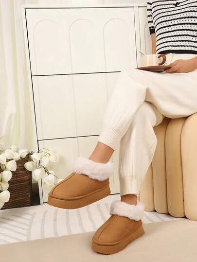 Women Cozy Faux Fur Lined Platform Slippers Winter Warm Indoor House Shoes Non Slip Soft Memory Foam Slides Comfy Home Bedroom Mules