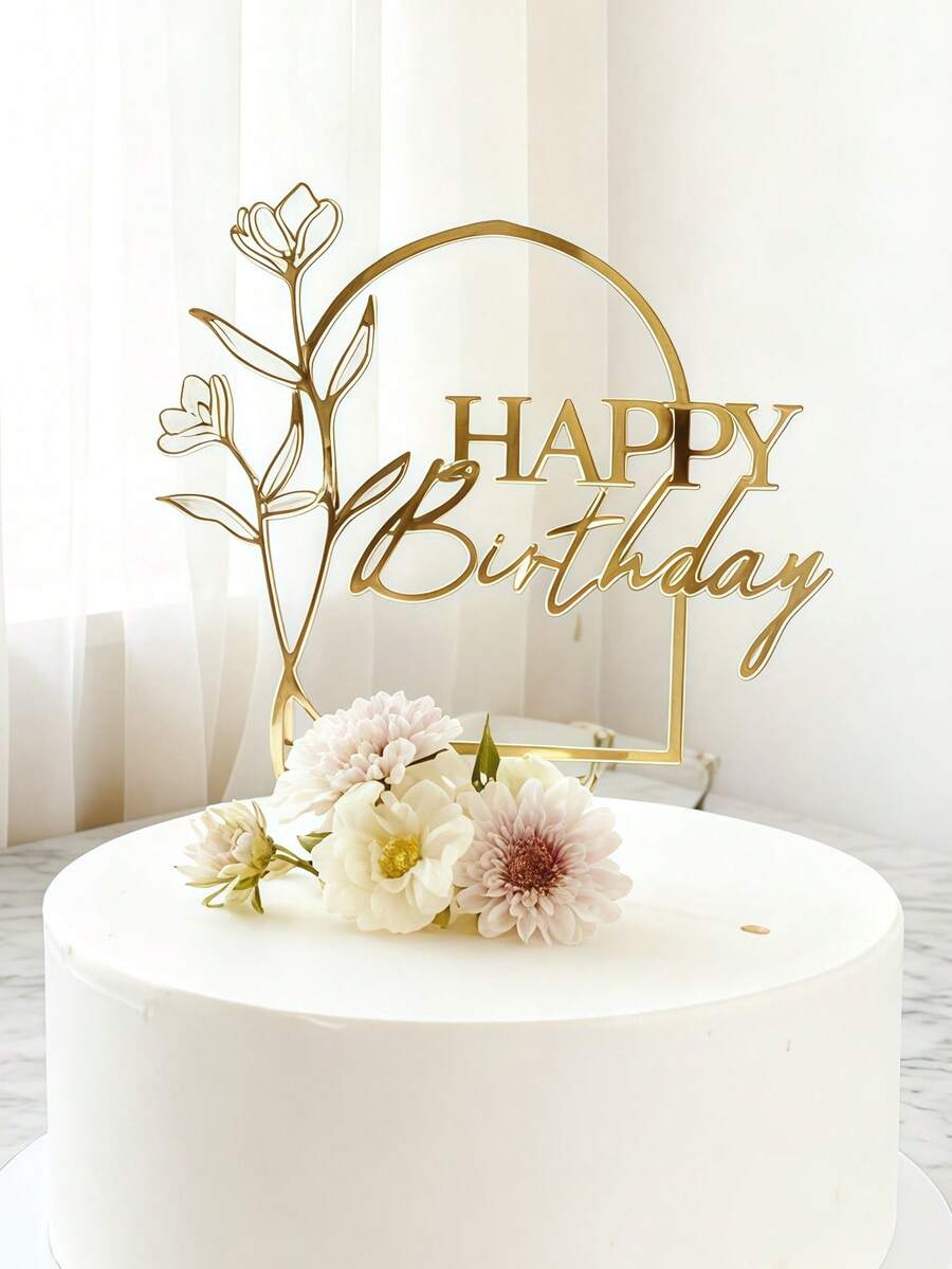 1pc/3pcs/5pcs Cake Decorative Picks, Birthday Cake Decor, Dessert Table Decor, Modern Floral Text Cake Toppers, Birthday Party Cake Decorations, Cake Picks, Baking Supplies, Baking Decor, Cake Accessories, Kitchen Essentials, Holiday Gifts - Gold - View 1