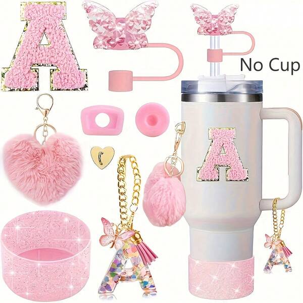 8PCS Cup Accessories For 40oz & 30oz Tumbler, Including Straw Cover Cap, Silicone Spill Proof Stopper, Silicone Boot, Letter Charm Chain, Sticker, Heart Hook, Heart Pompoms Hairball Charms, For Camping, Ideal Valentine's Day Gift, Mother's Day(No Cup)