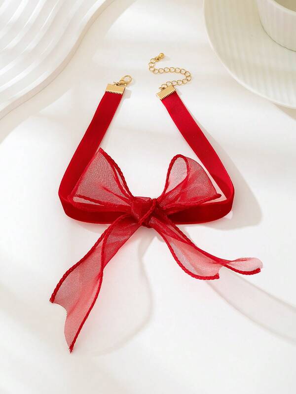 1pc Elegant Mesh Bow Tie Choker Necklace, Fashionable For Dates, Parties, Valentine's Day