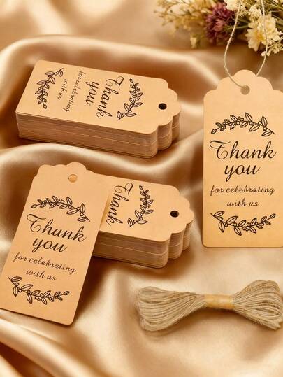 100pcs Kraft Paper Merchandise Tags & Thank You Cards With Included Hemp String – Leaf & Letter Designs, Perfect For Valentine'S Day, Weddings & Back-To-School Season. Suitable For All Products, Clothing Stores, Malls & Gift Shops ﻿