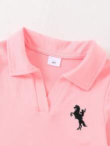 2件組女孩休閒學院風小馬刺繡抓皺修身長袖 Polo T恤與喇叭褲套裝，薄款布料，適合秋冬 - 粉色 - 查看 3