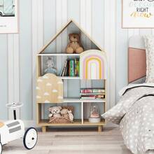 House-Shaped Kids Bookshelf 4-Tier Toy Storage Organizer W/ Open Compartments - Natural - View 1
