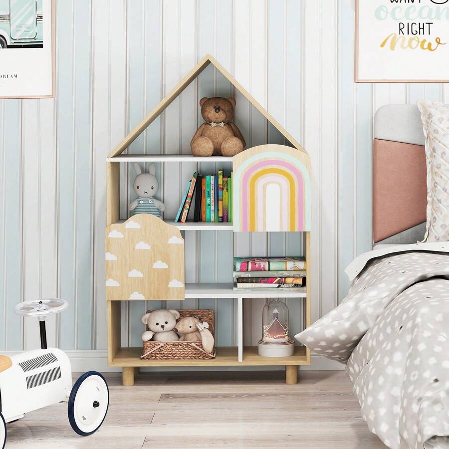 House-Shaped Kids Bookshelf 4-Tier Toy Storage Organizer W/ Open Compartments - Natural - View 1