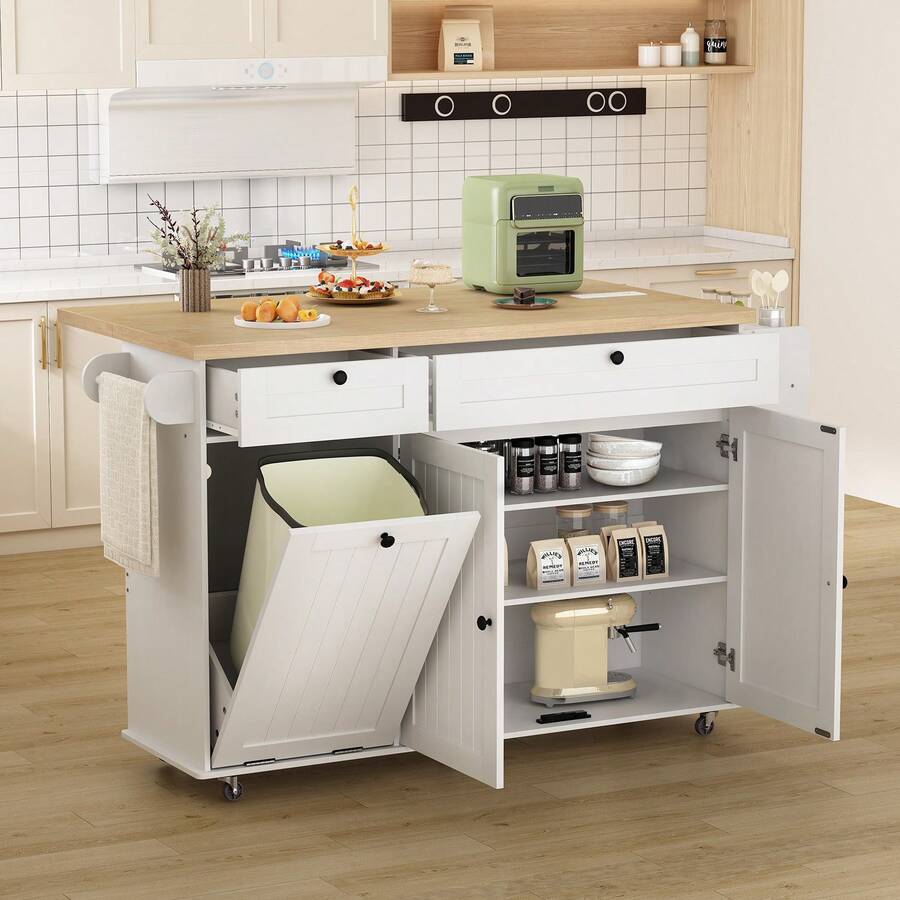ONBRILL Kitchen Island With Drop Leaf &  Out-Let, Rolling Kitchen On Wheels With Trash Storage Cabinet, Home Bar Islands Table With Spice Rack, Kitchen Island Cart With Towel Rack,  Mobile Island Table For Kitchen, White - 白色 - 查看 1