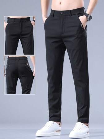 Pantalones casuales rectos con bolsillo con bordado de letras para hombre, otoño