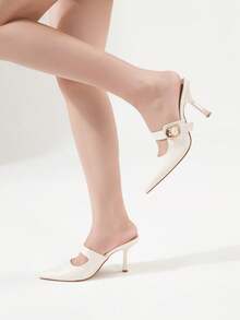 Women's Minimalist Pointed Toe Metal Buckle Decor Stiletto High Heel Sandals, Fashionable Elegant Open Toe Mule Pumps, Suitable For Summer Outdoor Activities, Parties, Weddings, Valentine's Day And Other Occasions, Kitten Heel - Beige - View 3