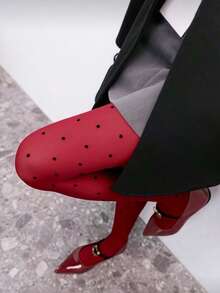 1件装女士天鹅绒波点弹力柔软打底裤，优雅休闲日常穿着 - 紅色 - 查看 9