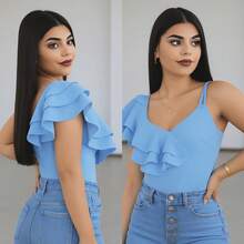 Bodysuit de olanes en el hombro, ajustado, elegante, sexy y asimétrico - Celeste - Ver 2