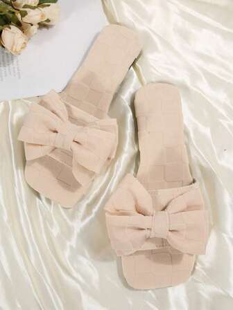 1 Pair Solid Color Elegant Bowknot Flat Slippers, Suitable For Indoor And Outdoor Wear