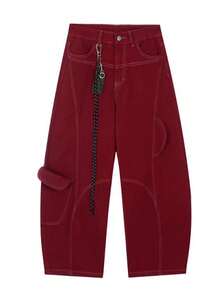 Christmas, Red Jeans, American Style, Deconstructed, Multiple Pockets, Topstitched Seams, Jazz Dance, Casual, Loose-Fitting, Streetwear, Stylish, Fluid, Wide-Leg Pants, Cargo Pants, Men's Jeans, Matching Set - 紅色 - 查看 4