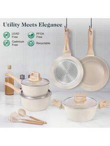 M MELENTA Pots And Pans Set Non Stick, 11 Piece Die-Cast Induction Hob Pan Set, Ceramic Cookware Set Nonstick Cooking Sets With Frying Pans, Saucepan Set, 100% PFOA Free, Compact Size For 1-3 Persons Meal,Climate Pledge Friendly,Cream - Apricot - View 3