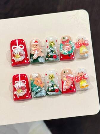 10 piezas de uñas postizas cortas de pato de lujo hechas a mano con brillantes, con 3 piezas de herramientas, adhesivo y pegatinas de pegamento para uñas, adecuado para que las niñas y las señoras asistan a fiestas.