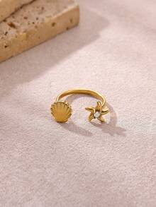 1 Pc Fashion Fishtail Shell Open Ring For Women Gold Color Stainless Steel Geometric Starfish Ring Summer Beach Party Jewelry Gift - Multicolor - View 11