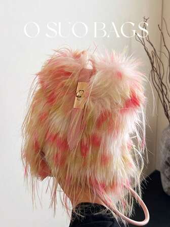 1 st. mini tie dye färgblocksfluffig axelväska, avslappnad mångsidig axelväska, unik design söt tjejstil bucket bag, höst/vinter