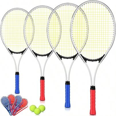 4 raquetas de tenis para adultos recreativos para 4 jugadores, raquetas de tenis de 27" ligeras con 3 pelotas de tenis para entrenamiento de principiantes con sobrepuños y bolsa de transporte