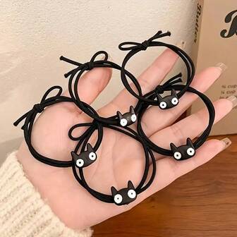 1pc/6pcs--Cute Colorful Random Color Black Cat Hairband - Women's Elastic Hair Tie, Soft And Comfortable Design, Suitable For Ponytails, Bun Hairstyles And Daily Looks. With Cute Cat Face Pattern, Simple Style.
