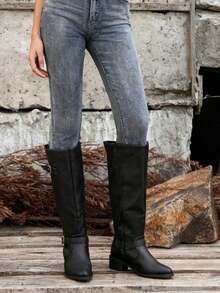 Motorradstiefel für Damen, spitze Zehenpartie, Blockabsatz, hoher Schaft, Leder, furchtloser Stil