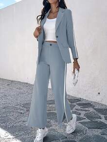 2 piezas Conjunto de top de manga larga elegante y pantalones casuales con bloques de color contrastante para mujer - Neblina azul - Ver 5