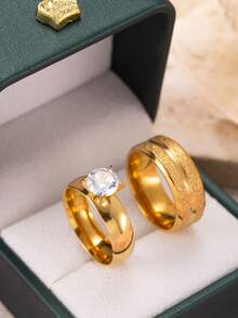2 件优雅简约不锈钢 18K 镀金情侣戒指，6 毫米哑光女戒，8 毫米哑光男戒，适合订婚、女士礼物、日常情侣佩戴 - 金色 - 查看 11