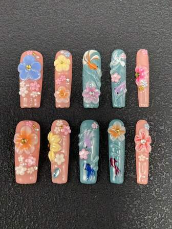 10-Piece Pure Handmade Nail Press Nail 33mm Square Long Nail French Nail Multi-Color With Three-Dimensional Styling Glue Carving Process Multi-Color Decoration Cute And Fashionable Suitable For Women To Wear. There Are Three Sizes To Choose From, Suitable For A Variety Of Occasions, Parties, Dances And Daily Wear.