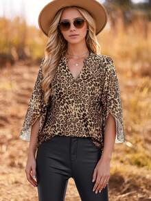 CheersLife Women's 3/4 Sleeve Floral Tunic Tops V Neck Double Layers Loose Fit Mesh Blouses Shirt Spring - Multicolor - View 3