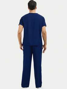 Conjunto de top de cuello en V + pantalón de chándal para hombres, uniforme de trabajo resistente a las arrugas - Azul Marino - Ver 3