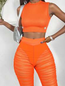 Conjunto set dama mujer deportivo 2 Piezas top corto botones costados abiertos biker fruncido - Naranja - Ver 2