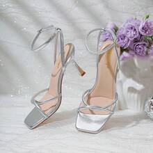 RIBONGZ Women's Heeled Sandals Square Open Toe Kitten Strappy Heels With Ankle Strap Elegant Summer Wedding Party Evening Prom Daily Wear Lace Up Dress ShoesChristmas - 銀色 - 查看 11