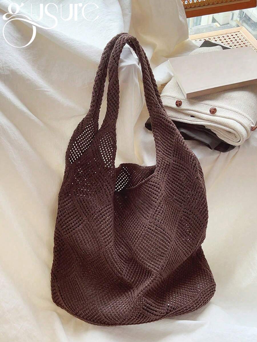 Women Hollow Knitted Shoulder Bag Simple Crochet Handbag Lightweight Casual Hollow Out Pattern Crochet Bag Vacation Style For Teen Girls Women College Students Perfect For College,Outdoors, Travel, Outings,Casual Vacation, Beach Bag, Shoulder Bag, Tote Bag, Perfect For Beach Vacation, Shopping, And Vacation Essentials, Eye-Catching Beach Bag Summer, Perfectly Matching With Crochet Set, Hottest Beach Bags For Women, Beach Necessities, Beach Essentials,Beach Stuff & Summer Essentials, Newest Holiday Bag , Crochet - Coffee Brown - View 1