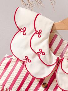 Young Girl' Summer Fresh & Energetic Red & White Striped Ruffle Collar Bow Embroidered Dress, Vintage Cute Style, Suitable For Amusement Park, Theme Party, Vacation, Gathering - 紅色 - 查看 4