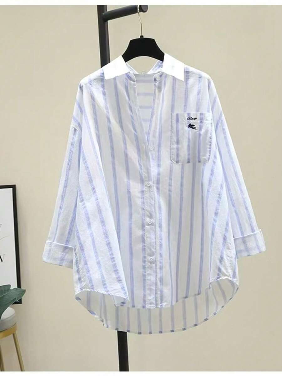 Casual Commuter Striped Front Button Pocket Shirt, Autumn - White Background With Blue Stripes - View 1