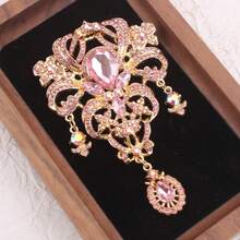 Gold-Tone Luxurious Pink Crystal Brooch With Intricate Vintage Design & Dangle Drop, Ornate Statement Pin For Formal Events & Gifting, Ideal For Retro Jewelry Enthusiasts - Pink - View 3