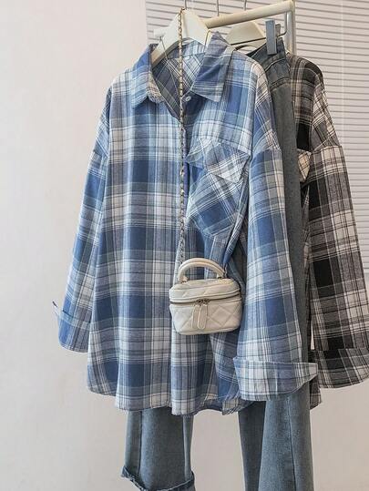 1pc Plaid Woven Fabric Front Button Pocket Long Sleeve Collared Checkered Shirt, Elegant Casual Versatile For Daily, School, All Seasons