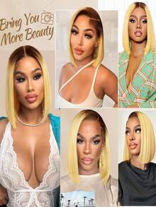 蜜金色渐变直发波波头假发，真人发丝，13x4蕾丝前额，预先拔毛，150%密度，女士自然发际线，T1B/27高光蜜金色 - S4/27 - 查看 7