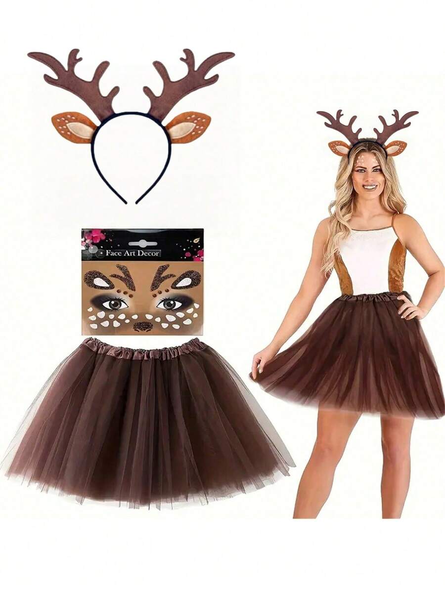 3PCS Ladies Christmas Reindeer Costume Accessory Set - 3-Piece Christmas Antler Headband, Tutu And Face Tattoo Stickers - Perfect For Christmas Festive Cosplay Parties
