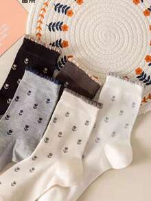 3 Pairs Random Floral Lace Cotton Mid-Calf Socks For Women, Retro Maillard Cuff Crew Socks, Spring & Autumn - Multicolor - View 10