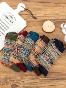 5双加厚复古格子中筒袜，羊毛混纺，男士，秋冬款