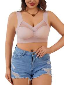 New Seamless Wireless Full Coverage Women'S Bras, Mature Solid Color, High Support, Comfortable And Breathable Back, Knitted Fabric With Mesh Details, Non Removable Pads - Perfect For Spring Festival And Mother'S Day! - 粉色 - 查看 3